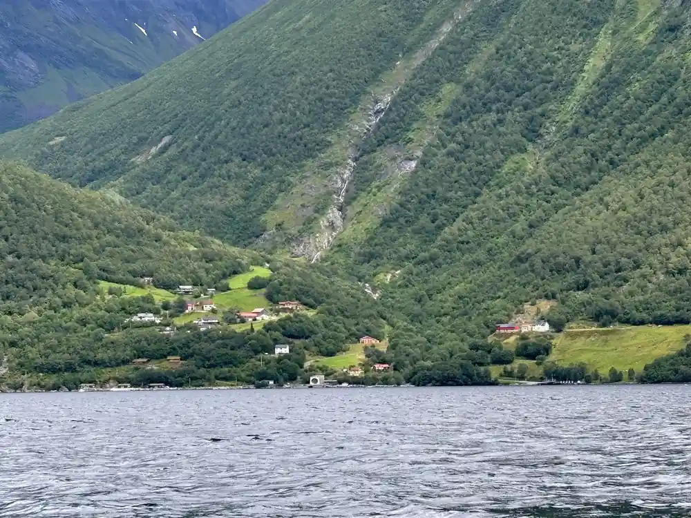 A green hillside with scattered farms above the water